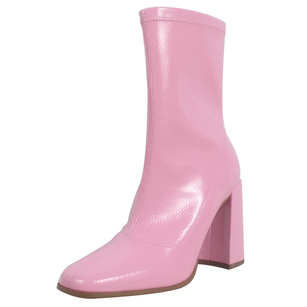 Pink Square Toe Mid Calf Block Heel Ankle Bootie - Picture 4 of 9